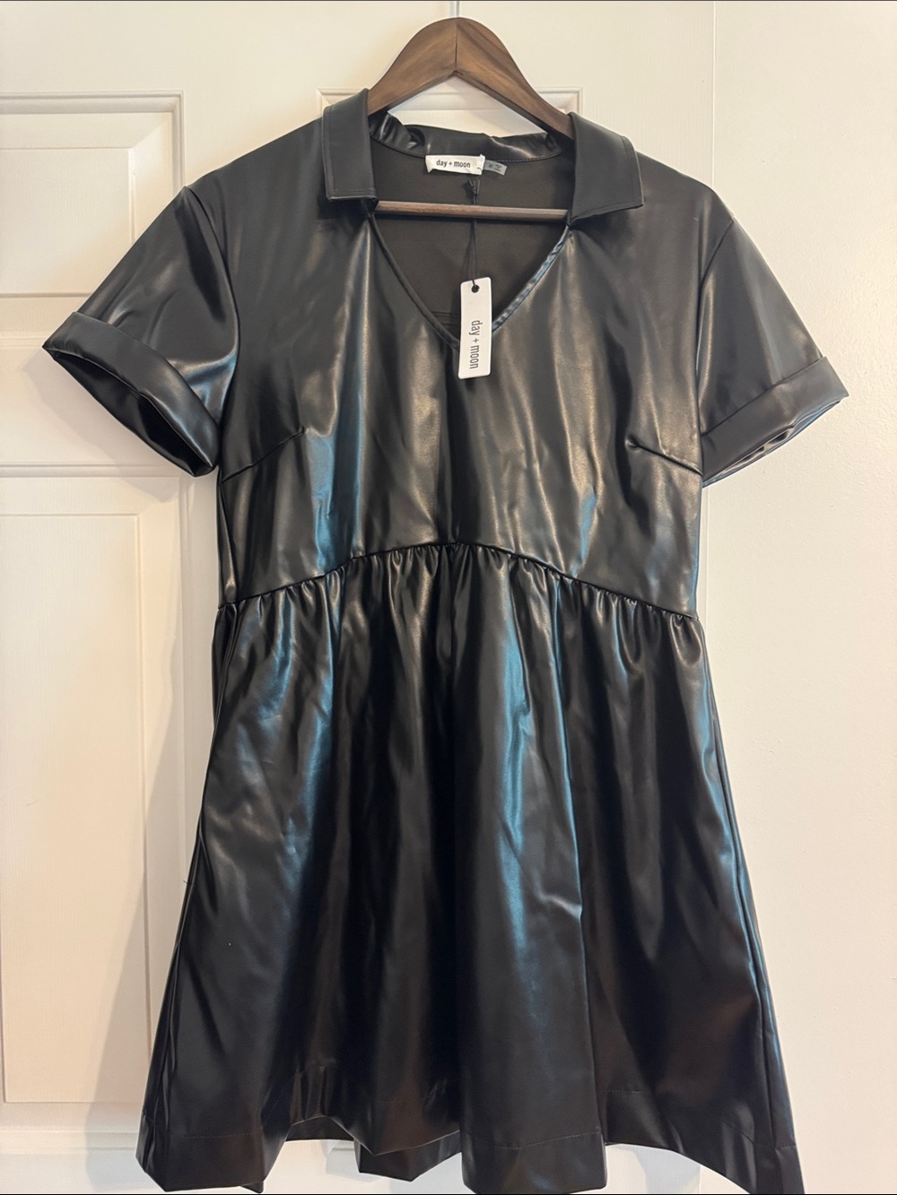 Faux Leather Black Mini Dress with Collar